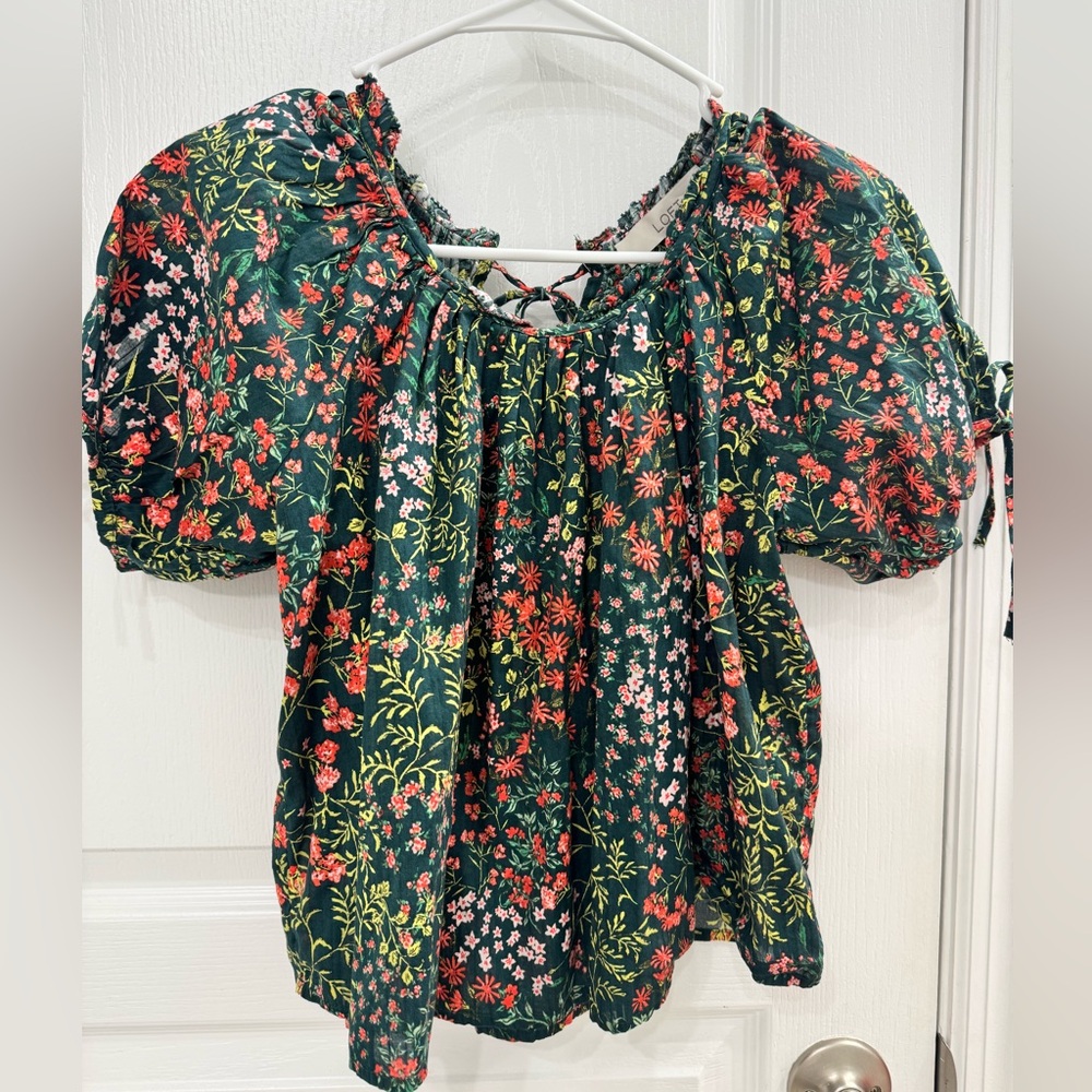 LOFT Dark Green Floral Puff-Sleeve Blouse